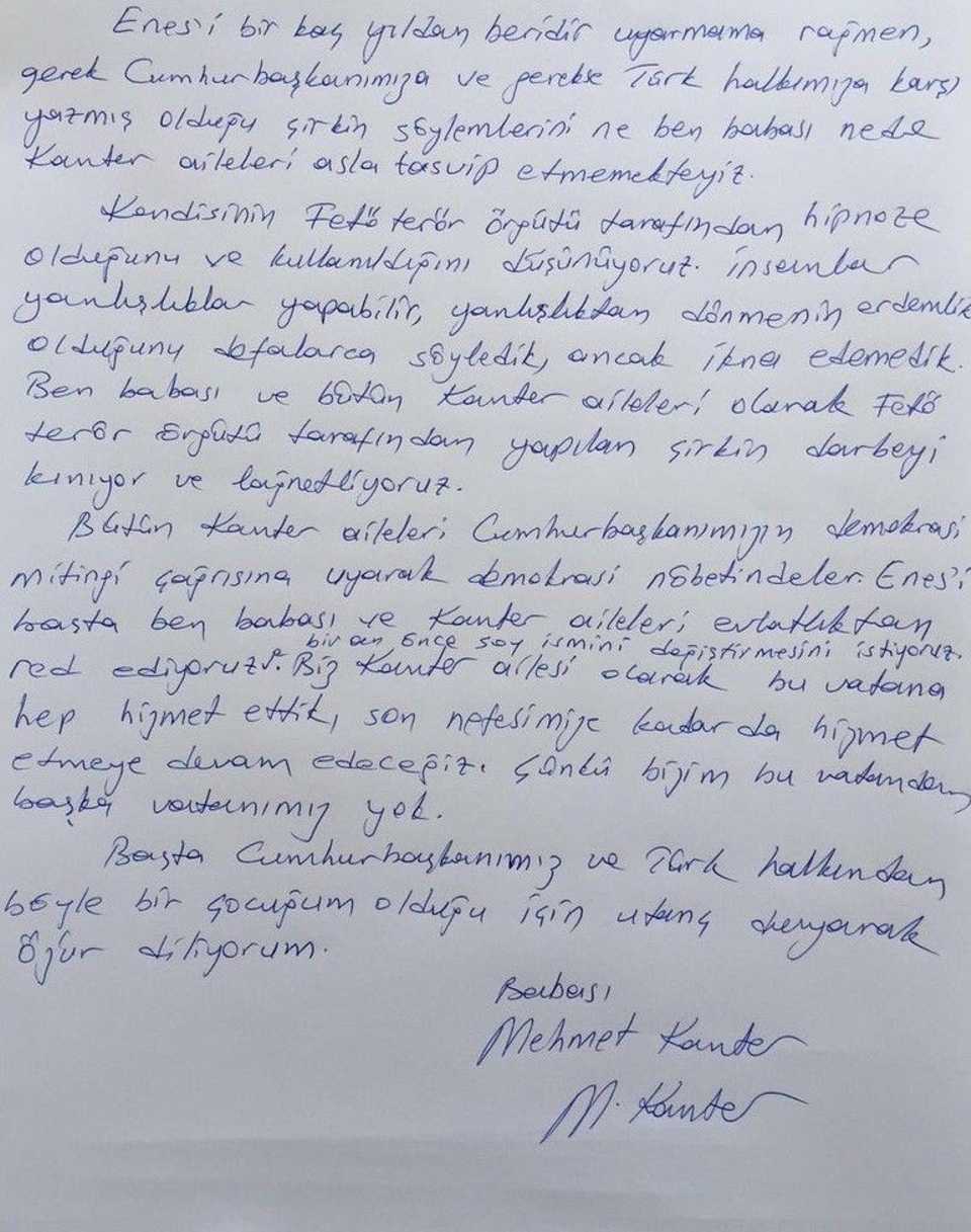 Letter written by Mehmet Kanter 