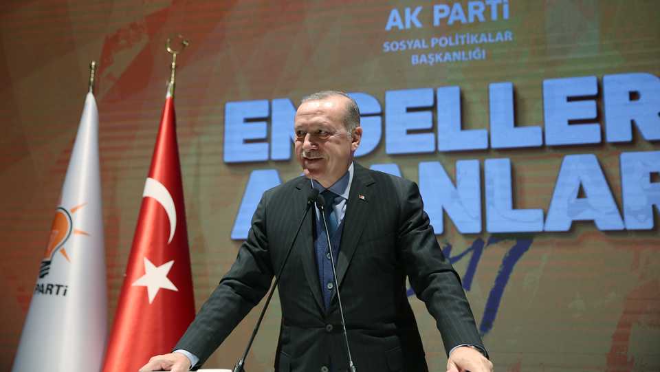 Turkish President Recep Tayyip Erdogan delivers a speech to mark Day of Persons with Disabilities at AK Party Headquarters in Ankara, Turkey on December 4, 2017.