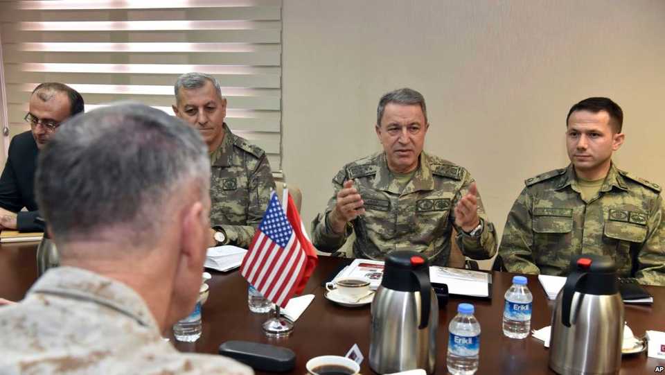 Turkey's Chief of Staff Gen. Hulusi Akar (2nd R) during a meeting with US commanders at Incirlik Airbase in Adana, Turkey, Feb. 17, 2017, about the need to fight terror groups in Syria and Iraq.