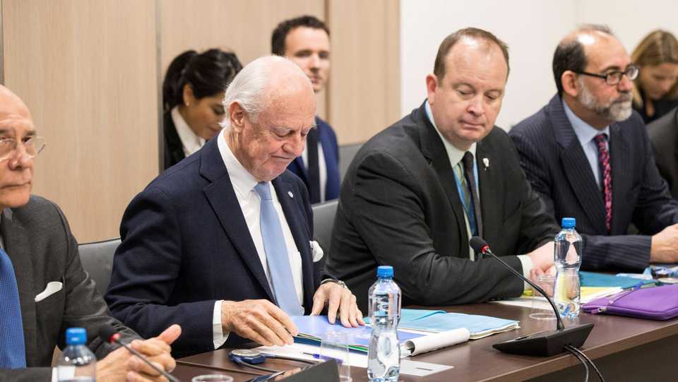 United Nations Special Envoy for Syria Staffan de Mistura attends a round of negotiations with the delegation of the Syrian Negotiation Commission (SNC) during the Intra Syria talks, at the European headquarters of the UN in Geneva, Switzerland.