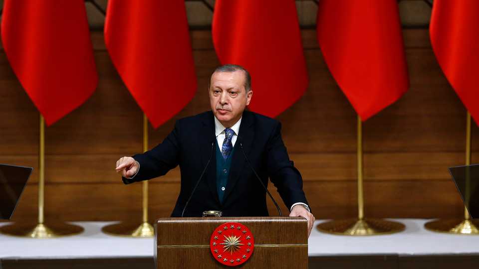Turkish President Recep Tayyip Erdogan delivers a speech during the Culture and Art Awards Ceremony at Presidential Complex in Ankara, Turkey on December 21, 2017.