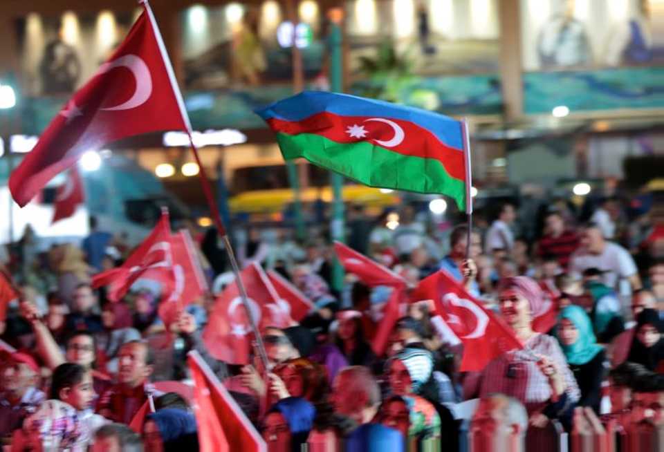 Azerbaijan flag seen at a pro-democracy rally against the coup attempt in Turkey
