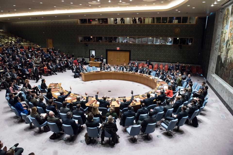 In this file December 18, 2017 photo, the Security Council votes on a resolution concerning Jerusalem's status at United Nations headquarters.