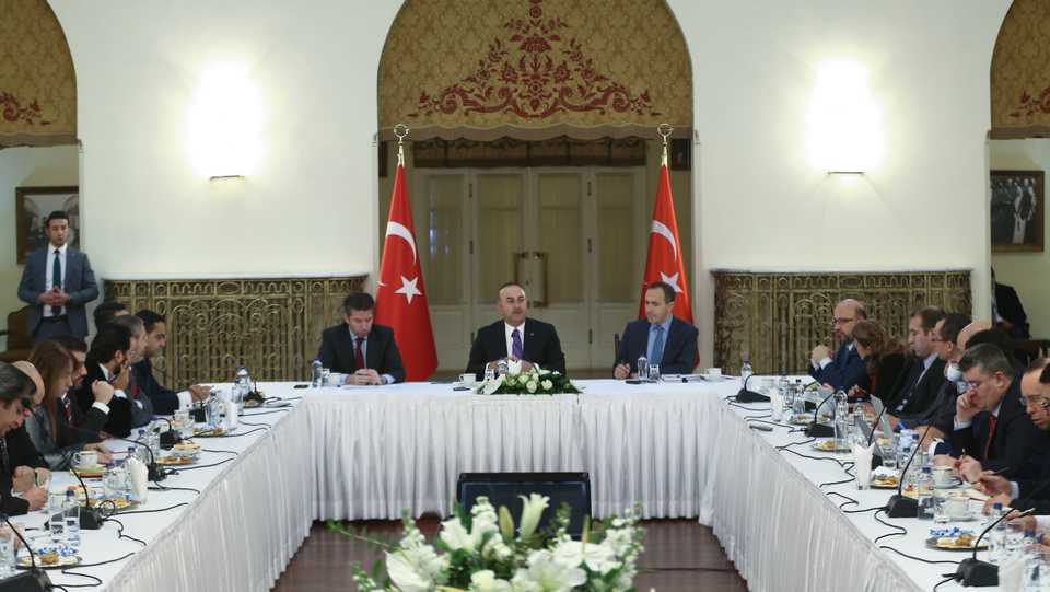 Turkish Foreign Minister Mevlut Cavusoglu delivers a speech during his meeting with Ankara representatives of national press at the Ankara Palas State Guesthouse in Ankara, Turkey on January 3, 2018.