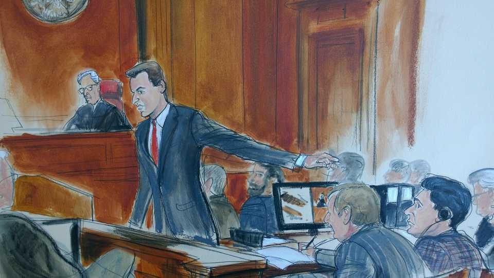 In this courtroom sketch, Assistant US Attorney David Denton points at defendant Mehmet Hakan Atilla, (R), during opening arguments of the trial, November 28, 2017, in New York federal court.