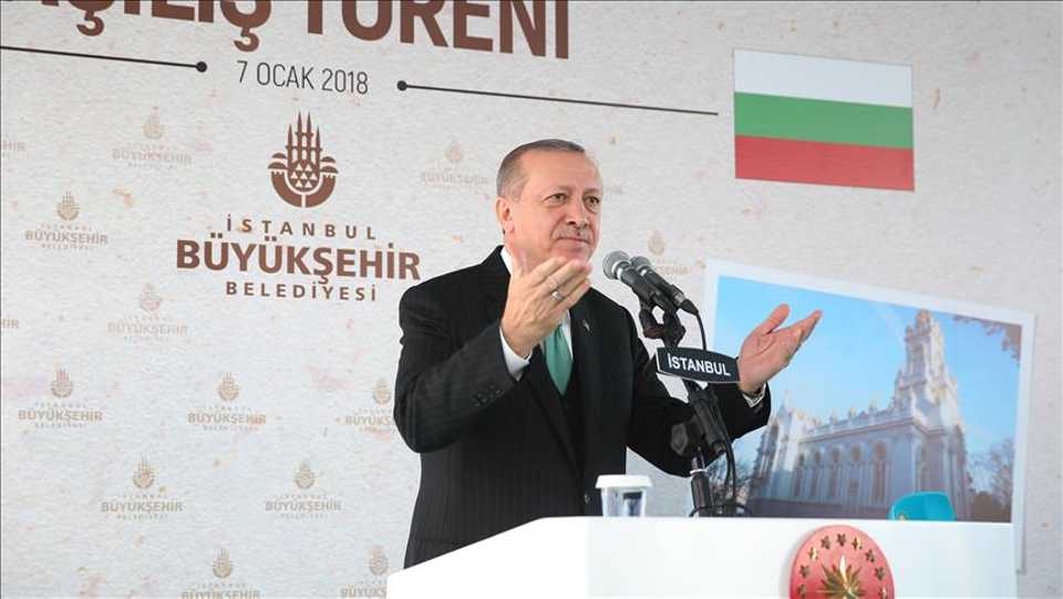 Turkey's President Recep Tayyip Erdogan speaking at the opening ceremony of historic Bulgarian church in Istanbul.