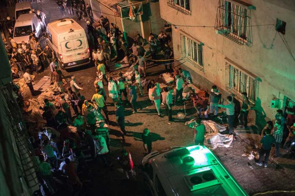 Ambulances arrive at the site of an explosion on August 20, 2016 in Gaziantep following a late night militant attack on a wedding party in southeastern Turkey. 
