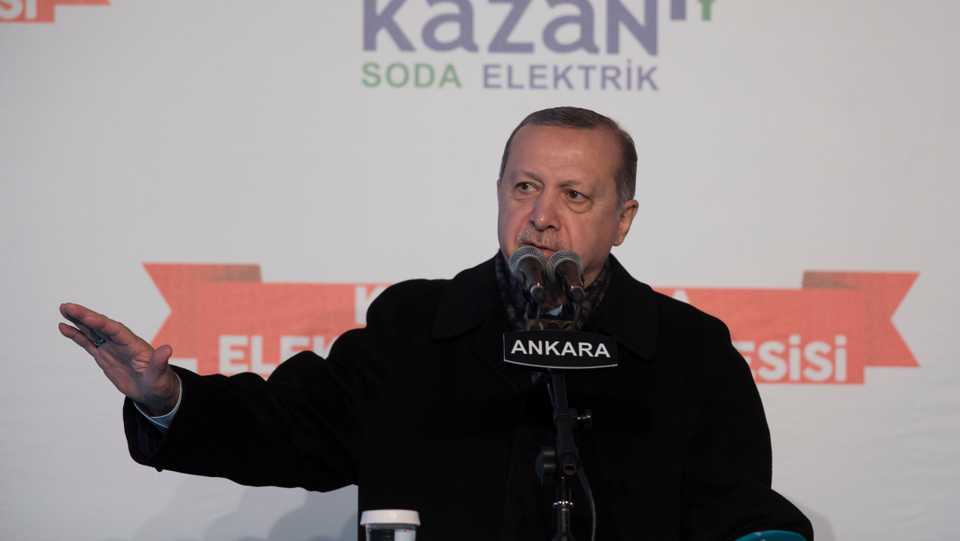 Turkish President Recep Tayyip Erdogan delivers a speech during the opening ceremony of the Kazan Soda Electric Factory at Sincan district of Ankara, Turkey on January 15, 2018.