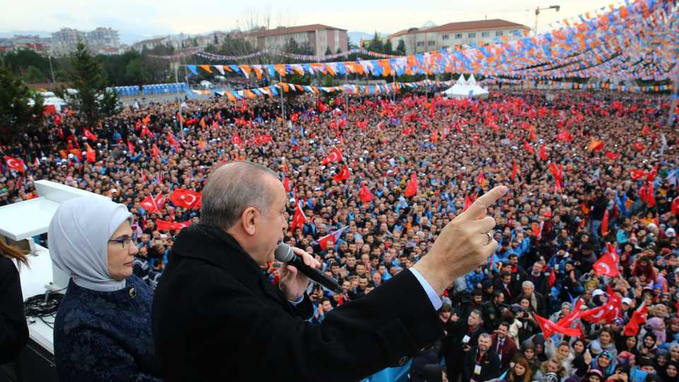 Turkish President Tayyip Erdogan addresses crowd during a rally in Bursa, Turkey, January 21, 2018.