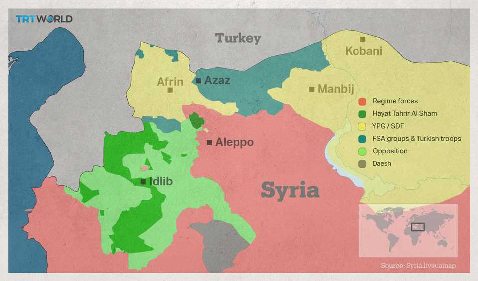 This map of northern Syria shows the major players in the region and the areas they control as Turkey continues with Operation Olive Branch in Syria's Afrin and Azaz. January 22, 2018.