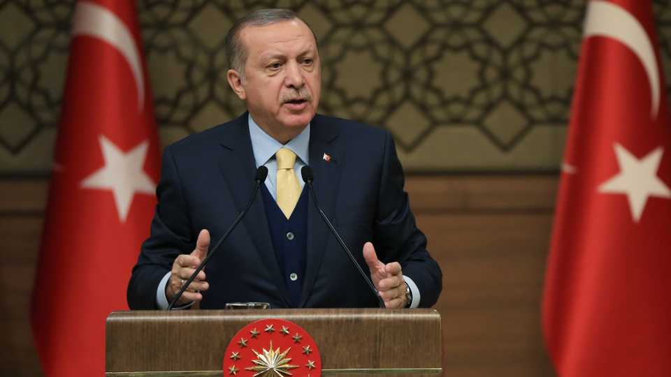 Turkish President Recep Tayyip Erdogan addresses heads of Turkish villages and neighborhoods in Ankara, Turkey on January 24, 2018.