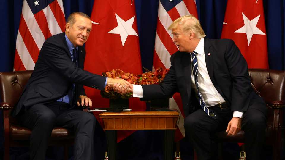 This September 21, 2017 file photo shows Turkish President Recep Tayyip Erdogan (L) and US President Donald Trump shaking hands prior to their meeting in New York.