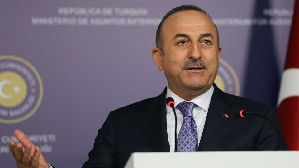 Minister of Foreign Affairs of Turkey, Mevlut Cavusoglu speaks during a joint press conference held with Austrian Foreign Minister Karin Kneissl (not seen) at Dolmabahce Prime Minister's Office in Istanbul, Turkey on January 25, 2018.
