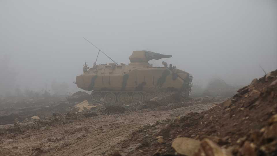 A Turkish tank near Mount Barsaya, northeast of Afrin, Syria, January 23, 2018.