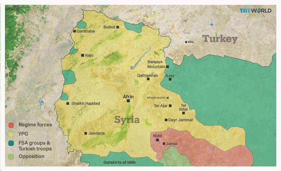This map of northern Syria shows the major players in the region and the areas they control as Turkey continues with Operation Olive Branch in Syria's Afrin region.