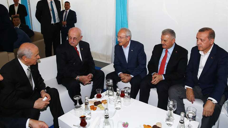 [From right to left] President Recep Tayyip Erdogan, Prime Minister Binali Yildirim, the Republican People's Party’s (CHP) leader Kemal Kilicdaroglu, Parliament Speaker Ismail Kahraman, and Nationalist Movement Party (MHP) leader Devlet Bahceli during a meeting on August 8, 2016 after a defeated coup in July 15, 2016.