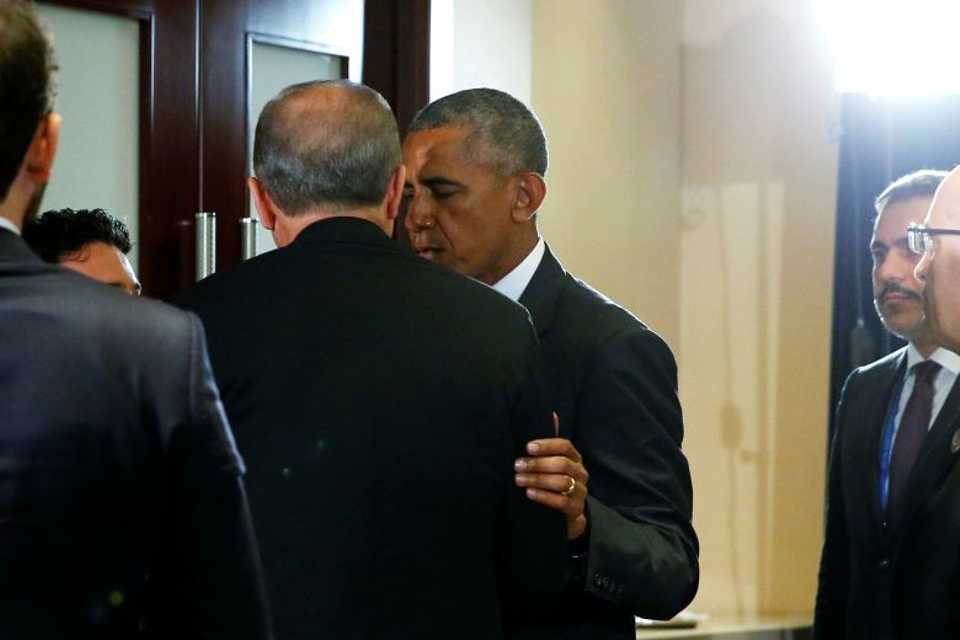 Obama tracks down Erdogan for a brief private conversation after they gave remarks to reporters following their bilateral meeting alongside the G20 Summit in Hangzhou, China.