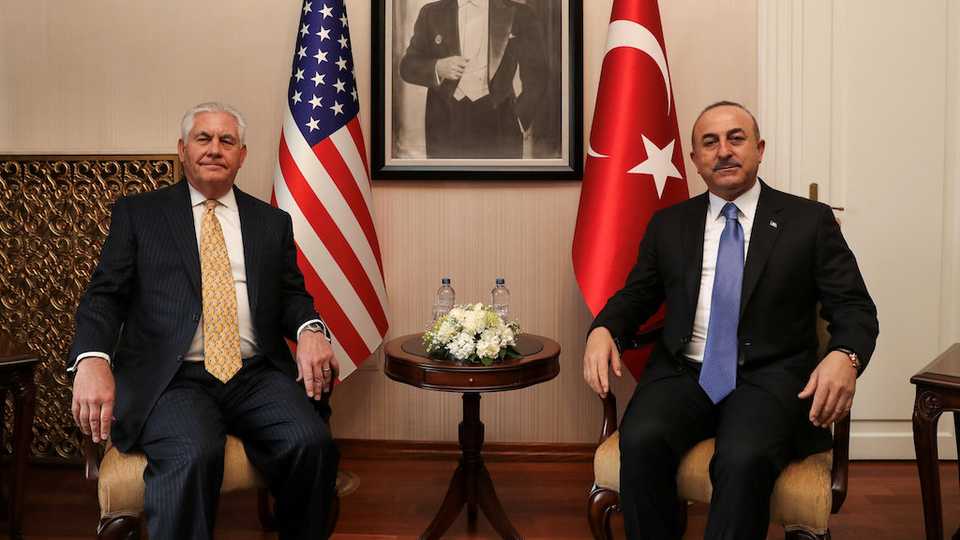 Turkish Foreign Minister Mevlut Cavusoglu meets US Secretary of State Rex Tillerson in Ankara, Turkey, February 16, 2018.