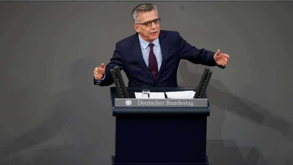 German Interior Minister Thomas de Maiziere addresses the German lower house of Parliament, Bundestag, in Berlin, Germany, on February 1, 2018.