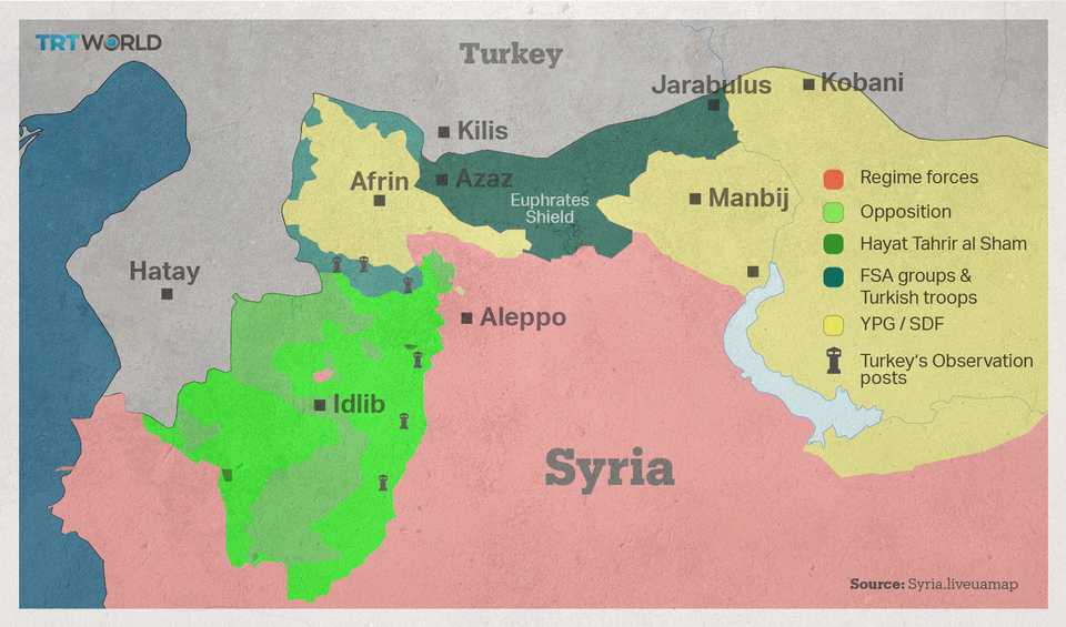 The latest situation in the northern Syria can bee seen from this coloured map