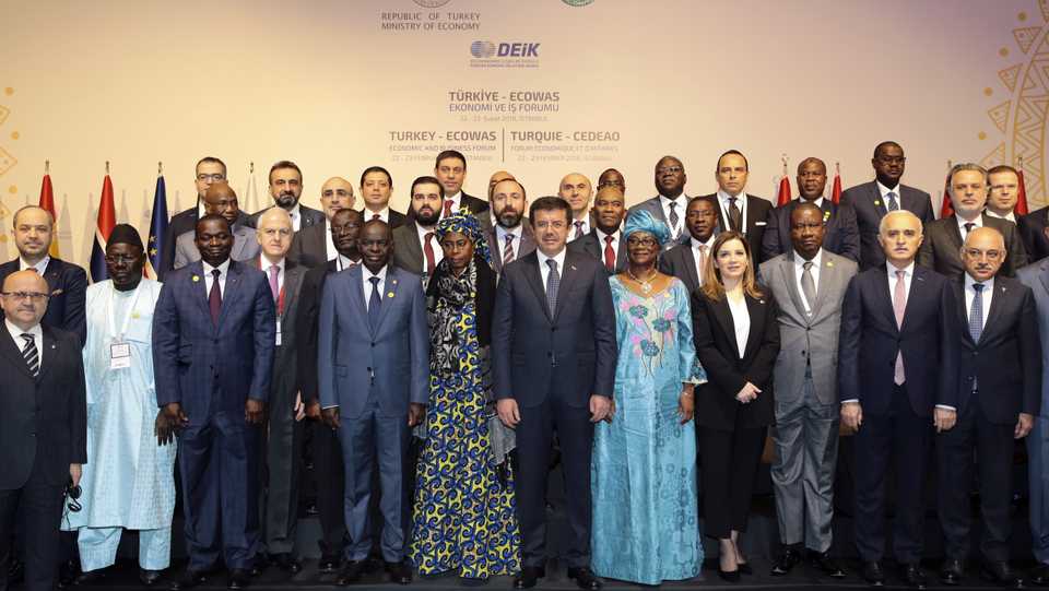 Ministers and government officials pose for a family photo during the opening ceremony of Turkey - ECOWAS Economic and Business Forum in Istanbul, Turkey on February 22, 2018.