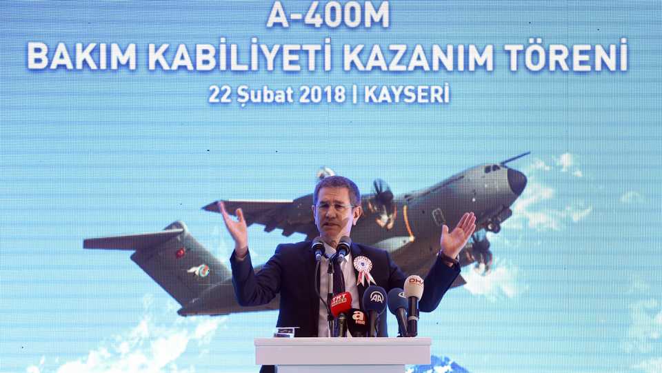 Turkey's National Defence Minister Nurettin Canikli speaks at a ceremony in central Kayseri province in Februray 22, 2018.