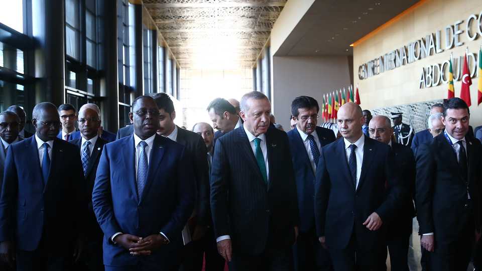 President of Turkey Recep Tayyip Erdogan (C) and President of Senegal Macky Sall (C-L) attend the Senegal - Turkey Business Forum at Abdou Diouf International Conference Centre in Dakar, Senegal on March 01, 2018.
