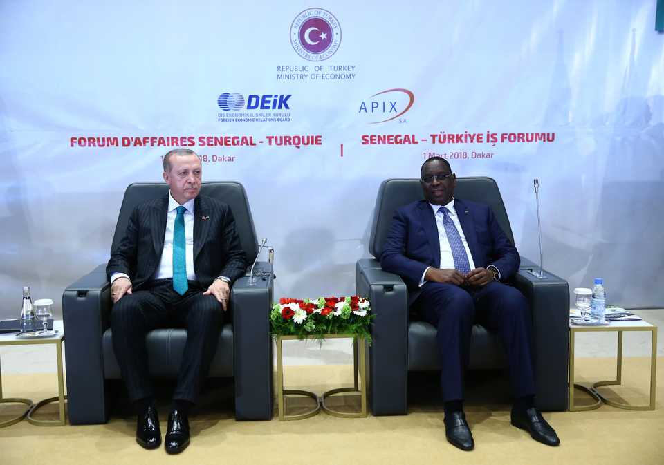 President of Turkey Recep Tayyip Erdogan (L) and President of Senegal Macky Sall (R) attend the Senegal - Turkey Business Forum at Abdou Diouf International Conference Centre in Dakar, Senegal on March 01, 2018.