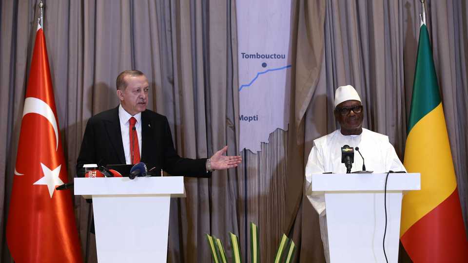 President of Turkey Recep Tayyip Erdogan (L) and President of Mali, Ibrahim Boubacar Keita (R) hold a joint press conference following their meeting in Bamako, Mali on March 02, 2018.