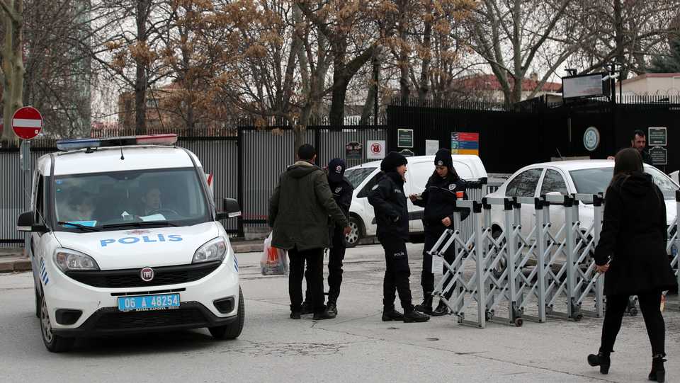 Security is high outside the US embassy as police searched pedestrians before allowing them to enter a street where the main gate is located.