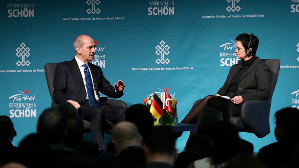 Numan Kurtulmus meets with local and foreign press during a press conference within the 2018 ITB Berlin tourism fair on March 8, 2018, in Berlin, Germany.