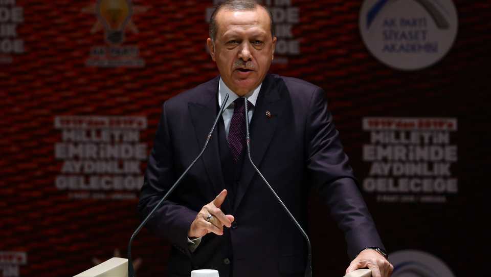 President of Turkey Recep Tayyip Erdogan makes a speech as he attends the inauguration of governing Justice and Development (AK) Party's Politics Academy in Ankara, Turkey on March 09, 2018.