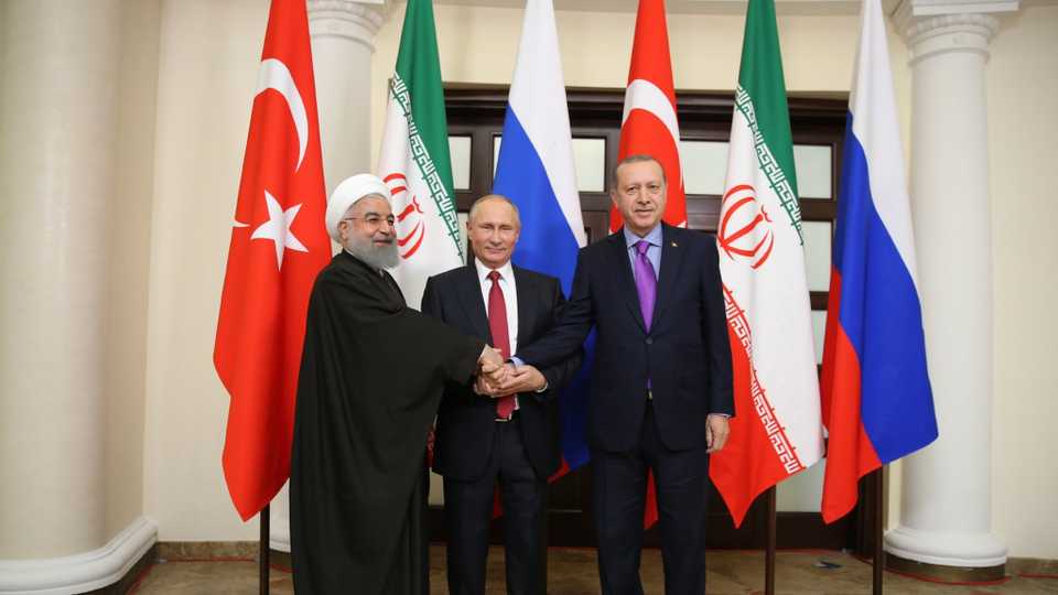 Presidents Tayyip Erdogan of Turkey, Vladimir Putin of Russia and Hassan Rouhani of Iran meet in Sochi, Russia, November 22, 2017.