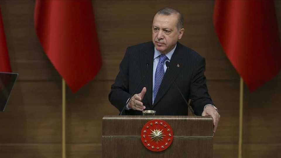 President of Turkey Recep Tayyip Erdogan delivers a speech during the 46th Mukhtars Meeting at Presidential Complex in Ankara, Turkey on March 14, 2018