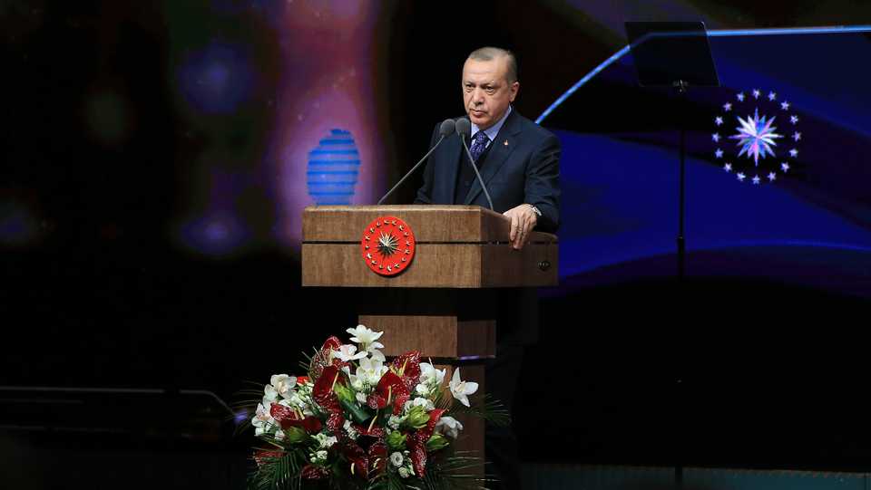 President of Turkey Recep Tayyip Erdogan delivers a speech during the draw ceremony for judges and public prosecutors at Bestepe Culture and Congress Center of the Presidential Complex in Ankara, Turkey on March 19, 2018.