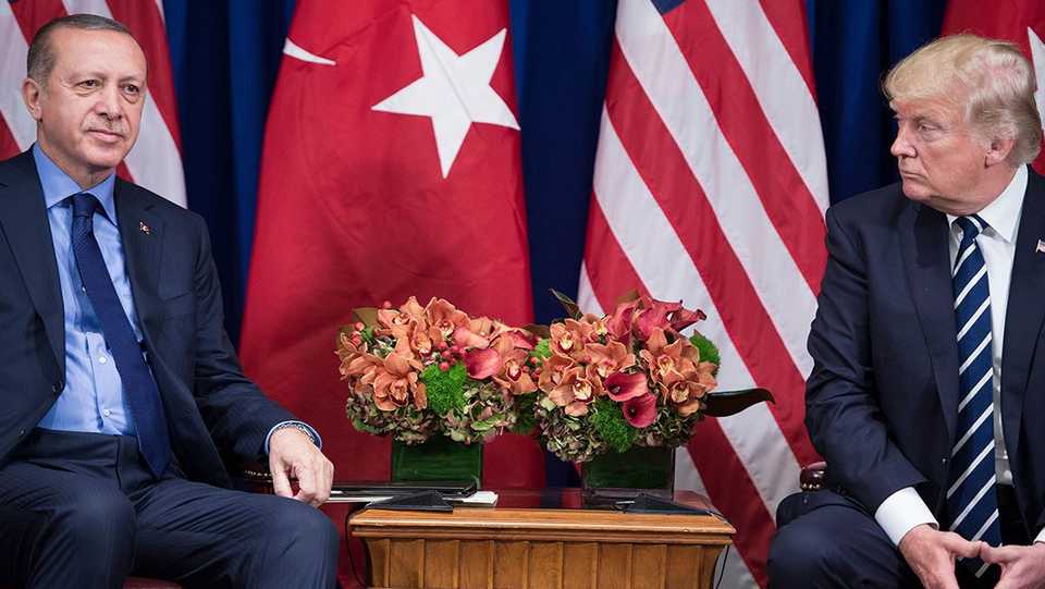 Turkey's President Recep Tayyip Erdogan and US President Donald Trump wait for a meeting at the Palace Hotel during the 72nd United Nations General Assembly in New York City, US on September 21, 2017.