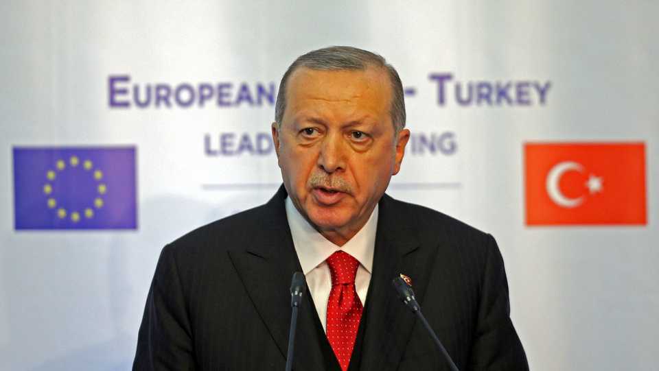 President Erdogan speaking during a joint news conference following a Turkey-EU summit in Bulgaria's Varna.