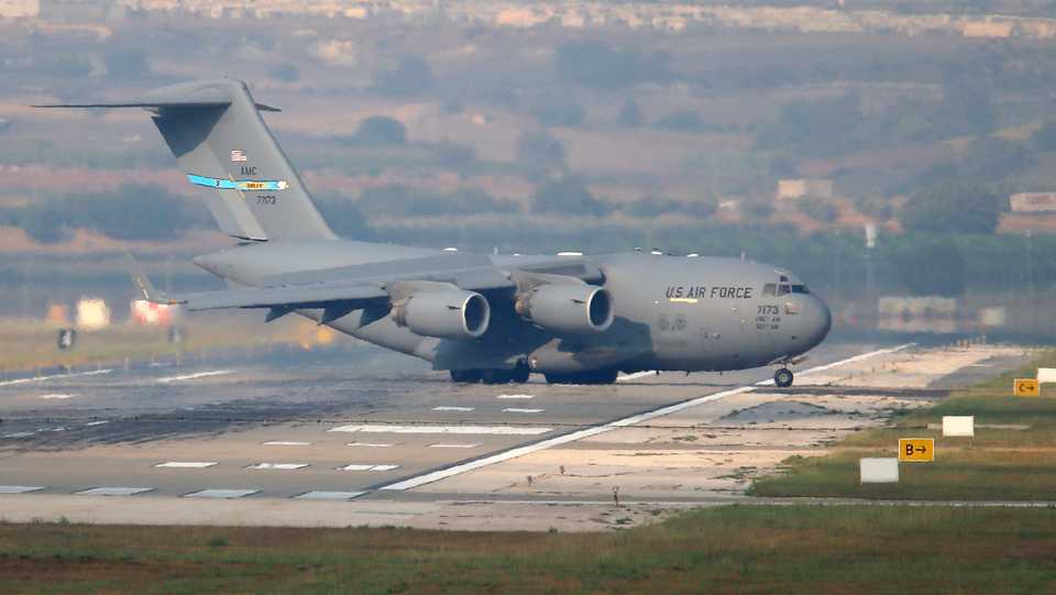 A United States Air Force cargo plane on the runway after it landed at the Incirlik Air Base, on the outskirts of the city of Adana, southern Turkey, Friday, July 31, 2015.