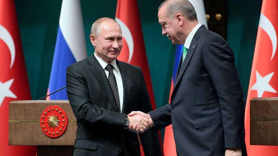 Russia's President Vladimir Putin (L) and Turkey's President Recep Tayyip Erdogan at a press conference during their meeting in Ankara, Turkey.