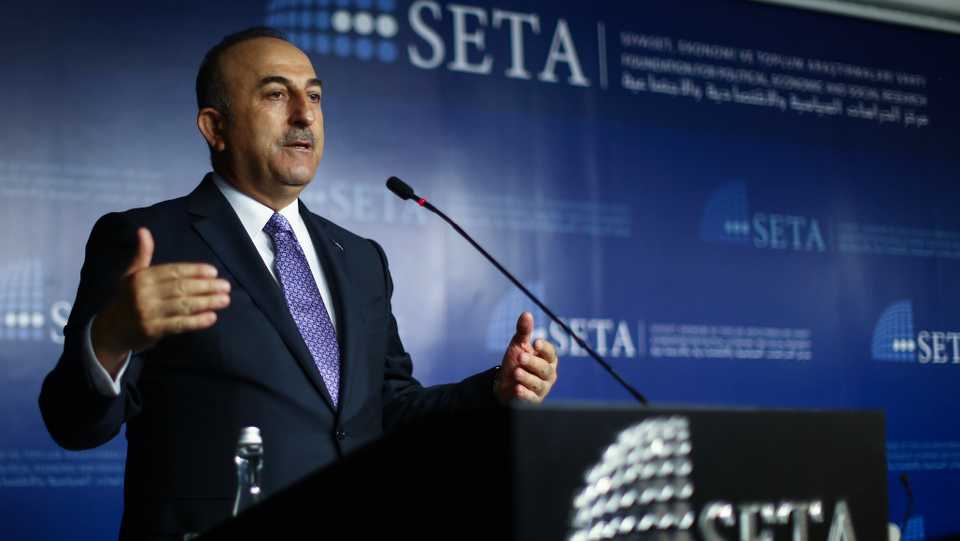 Foreign Minister of Turkey Mevlut Cavusoglu speaks at a panel discussion of new 2017 European Islamophobia Report (EIR) by the Foundation for Political, Economic and Social Research (SETA) unveiled, in Ankara, Turkey on April 11, 2018.