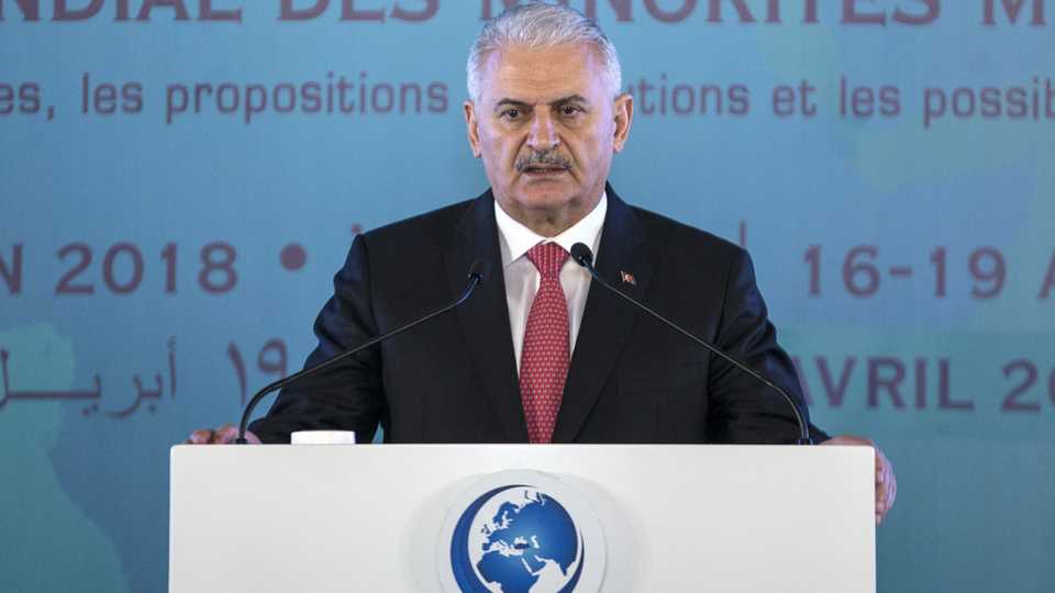 Prime Minister of Turkey Binali Yildirim speaks during World Muslim Minorities Summit at the Ceremonial Hall of Dolmabahce Palace in Istanbul, Turkey on April 16, 2018.