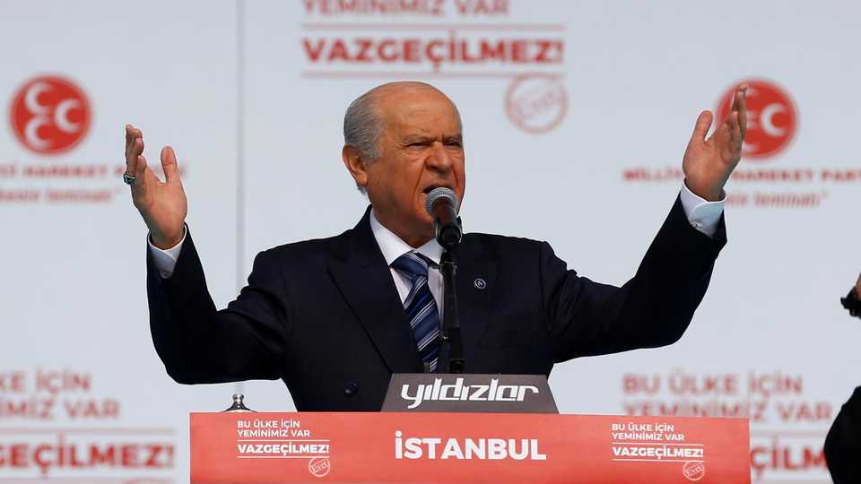 Nationalist Movement Party (MHP) leader Devlet Bahceli addresses his supporters during a rally for the referendum, in Istanbul, Turkey, on April 9, 2017.