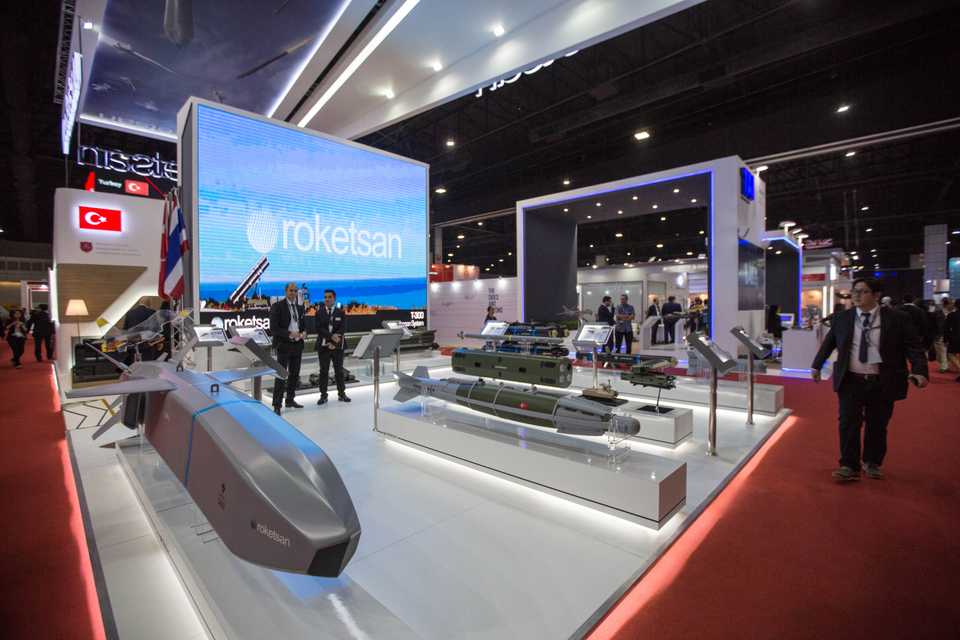 The showcase of the Turkish company Roketsan is seen during the first day of the Defense & Security Fair 2017 at Impact Exhibition & Convention Center in Bangkok, Thailand on November 06, 2017.