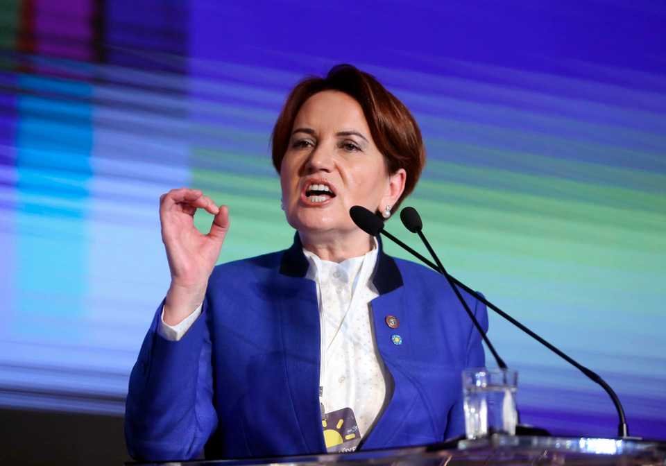 In this October 25, 2017 file photo, Meral Aksener, a former Turkish interior minister and deputy parliament speaker, addresses her party's first meeting in Ankara, Turkey.
