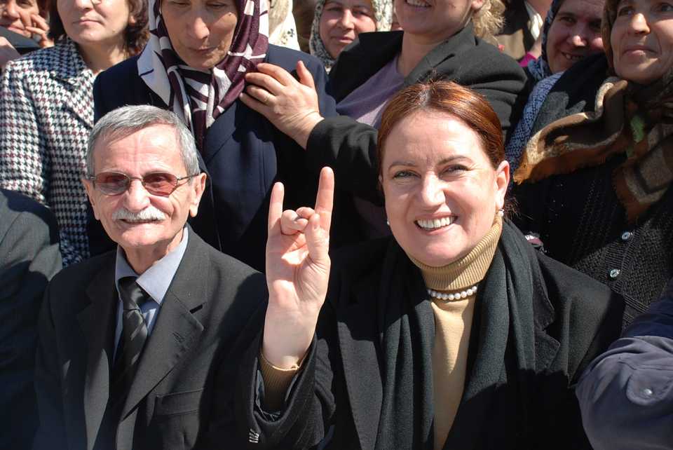 In this March 21, 2009 file photo, Meral Aksener is seen making the nationalists' hand sign of the grey wolf in Igdir province during Nawroz celebrations.