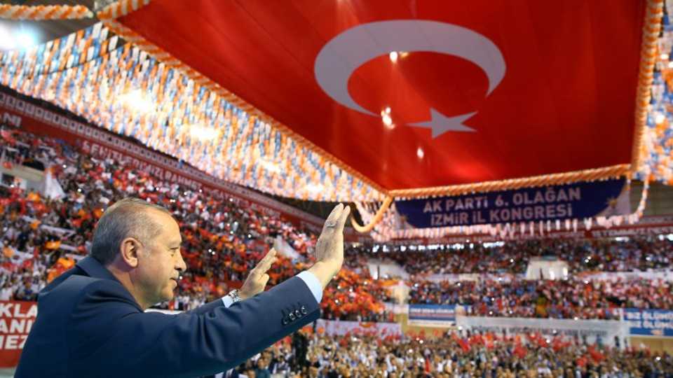 In this April 28, 2018 file photo, Turkish President Recep Tayyip Erdogan gestures after delivering a speech during the AK Party's 6th ordinary provincial congress in western Izmir province.