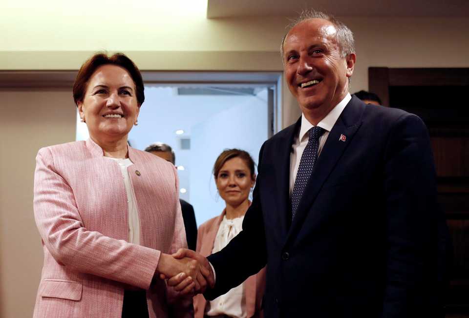 Muharrem Ince, the ​candidate of main opposition CHP in the June 24 presidential snap election, meets with IYI Party leader and presidential candidate Meral Aksener in Ankara, Turkey, May 8, 2018.