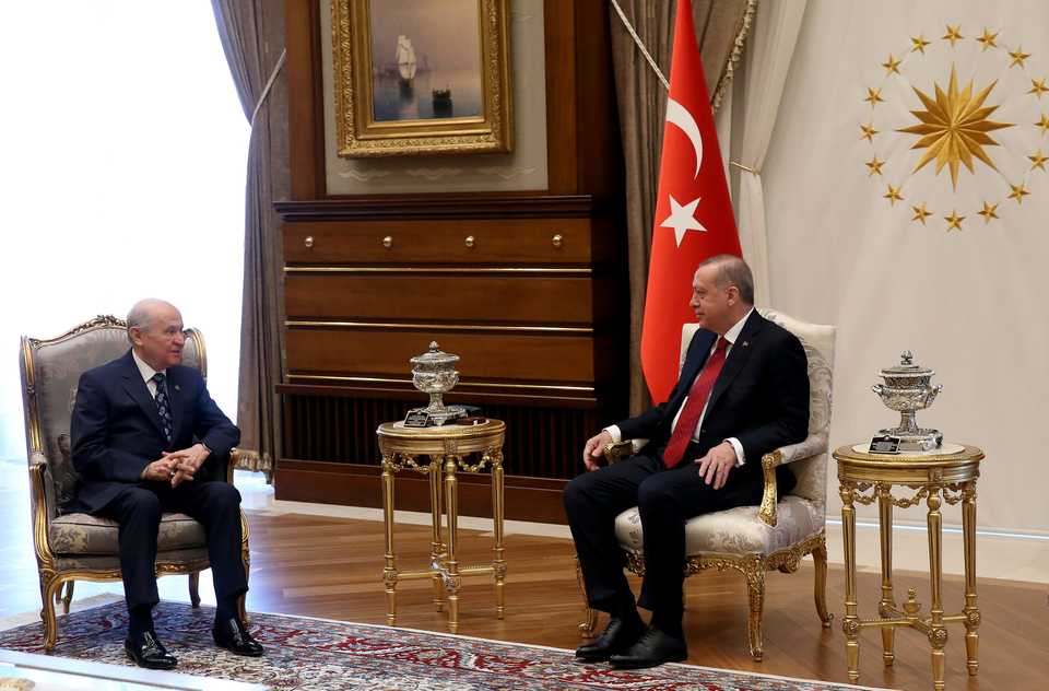 Turkish President Recep Tayyip Erdogan meets with MHP (Nationalist Movement Party) leader Devlet Bahceli at the Presidential complex in Ankara, Turkey, April 18, 2018.