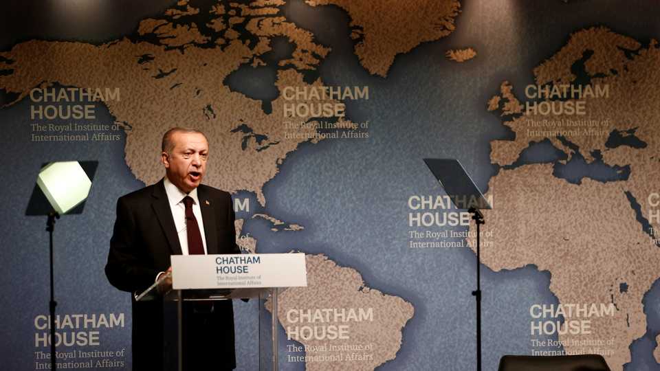The President of Turkey, Recep Tayyip Erdogan, speaks at Chatham House in central London, Britain, May 14, 2018.