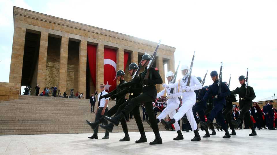 Turkish soldiers march in front of the Anitkabir, the Mausoleum of Republic of Turkey's Founder Mustafa Kemal Ataturk, during the the Youth and Sports Day in Ankara.